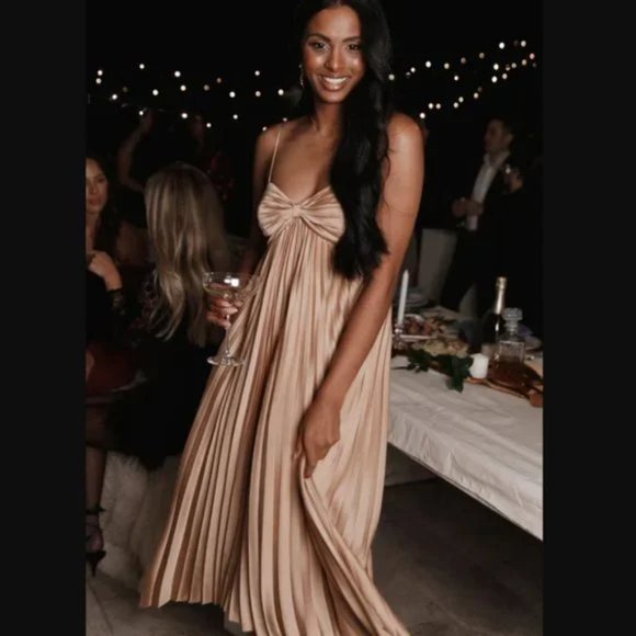 COPY - Petal & Pup Vikki Gold Satin Pleated Asymmetrical Hem Midi Dress 0 - Picture 3 of 11